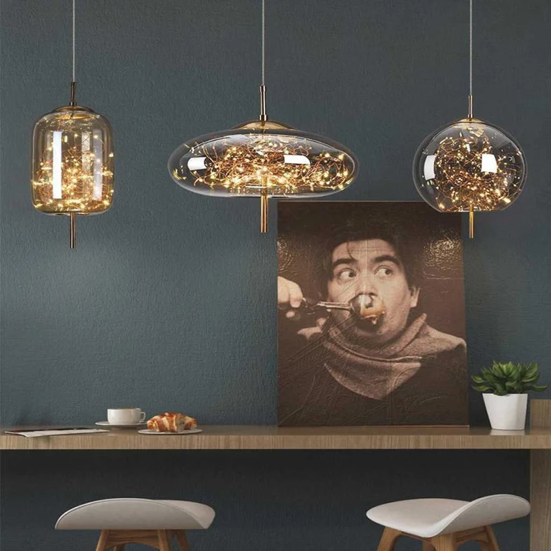 Glazen Hanglamp Sterrenmotief Grijs Amber Verstelbaar Licht Scandinavisch Design Eetkamer Woonkamer Sfeerverlichting | Sansoti