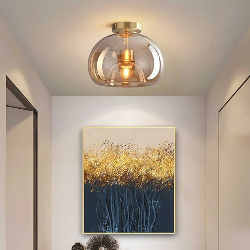 Plafondlamp Semi-Flush Glazen Bol Metalen Armatuur LED Dimbaar Woonkamer Hal Entree Warm Licht Modern | Sansoti