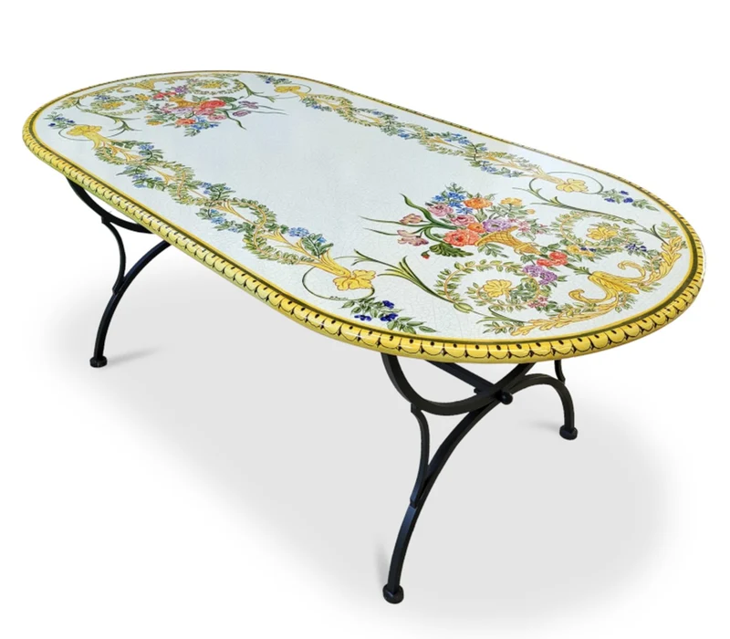 Casa Padrino Luxus Jugendstil Gartentisch Blumenbouquet 200 × 100 cm - Ovaler Esstisch aus handbemaltem Lavastein - Gastronomie Möbel - Made in Italy