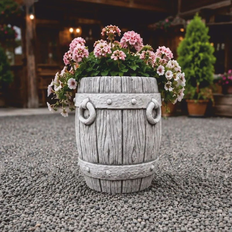 Casa Padrino Garten Deko Blumentopf in Fassform Grau H. 38 cm - Runder Pflanzentopf - Garten & Terrassen Deko