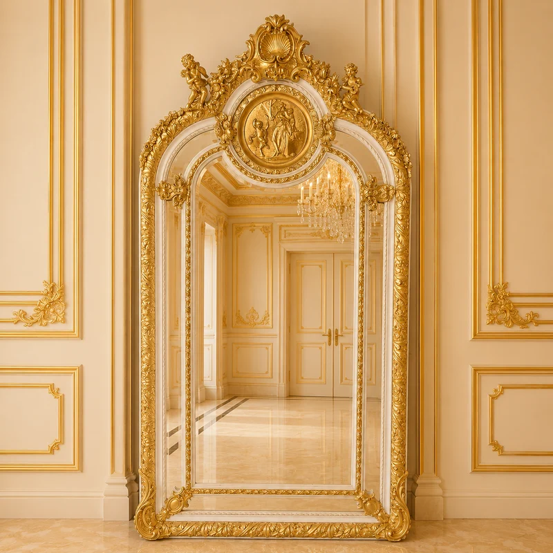 Casa Padrino Barock Standspiegel Creme / Gold 115 x H. 215 cm - Handgefertigter Antik Stil Ganzkörperspiegel - Garderoben Spiegel - Schlafzimmer Spiegel - Barock Möbel
