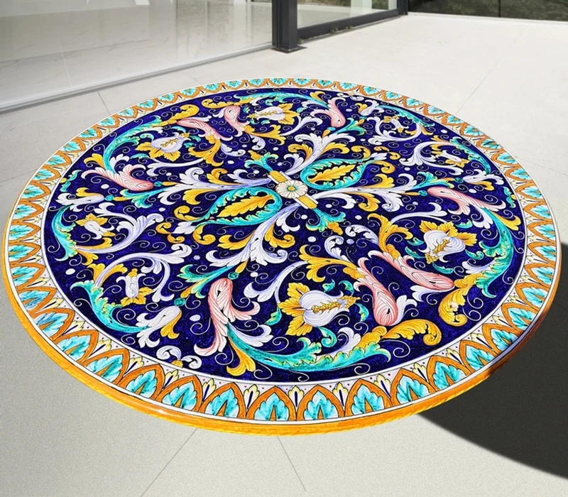 Casa Padrino Luxus Jugendstil Gartentisch Rankengirlande Blau Ø 150 cm - Runder Esstisch aus handbemaltem Lavastein - Gastronomie Möbel - Made in Italy