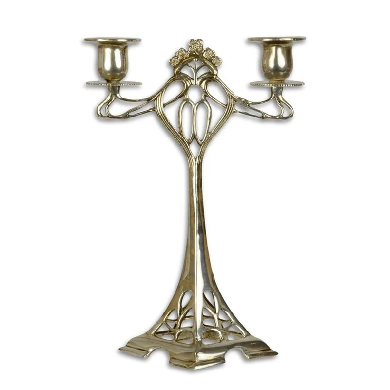 Casa Padrino Jugendstil Kerzenleuchter 2-armig Silberfarben 10 x 18,5 x H. 27,3 cm - Versilberter Bronze Kerzenständer - Barock & Jugendstil Deko Accessoires