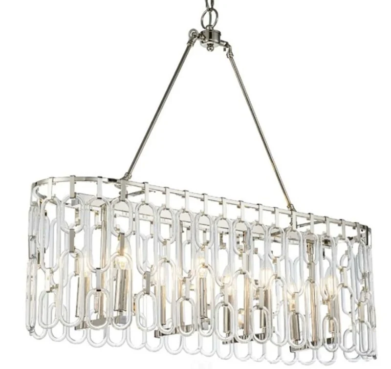 Casa Padrino Luxus Hängeleuchte Silber 92 x 26 x H. 80 cm - Länglicher Esstisch Lüster mit Glasgliedern