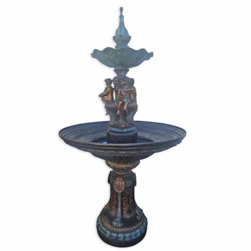 Casa Padrino Jugendstil Bronze Springbrunnen 3 Kinder Ø 130 x H. 240 cm - Runder Gartenbrunnen - Garten Deko Accessoires