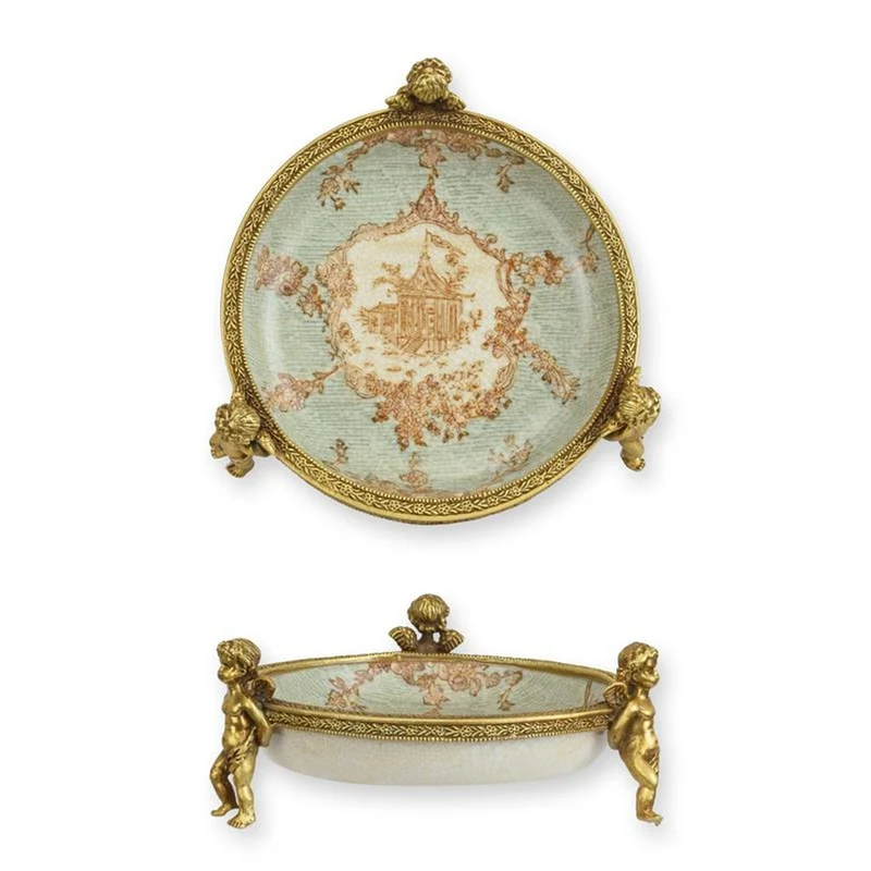Casa Padrino Barock Porzellan Schale mit Bronze Putten Mint / Rosé / Gold 12,8 x 13,5 x H. 5,3 cm - Prunkvolle Deko Schale - Barock Deko Accessoires