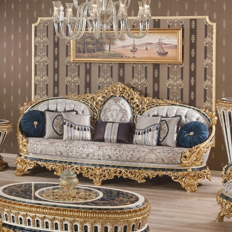 Casa Padrino Luxus Barock Sofa Grau / Gold / Blau 290 cm - Prunkvolles Barock Wohnzimmer Sofa - Barock Wohnzimmer Möbel