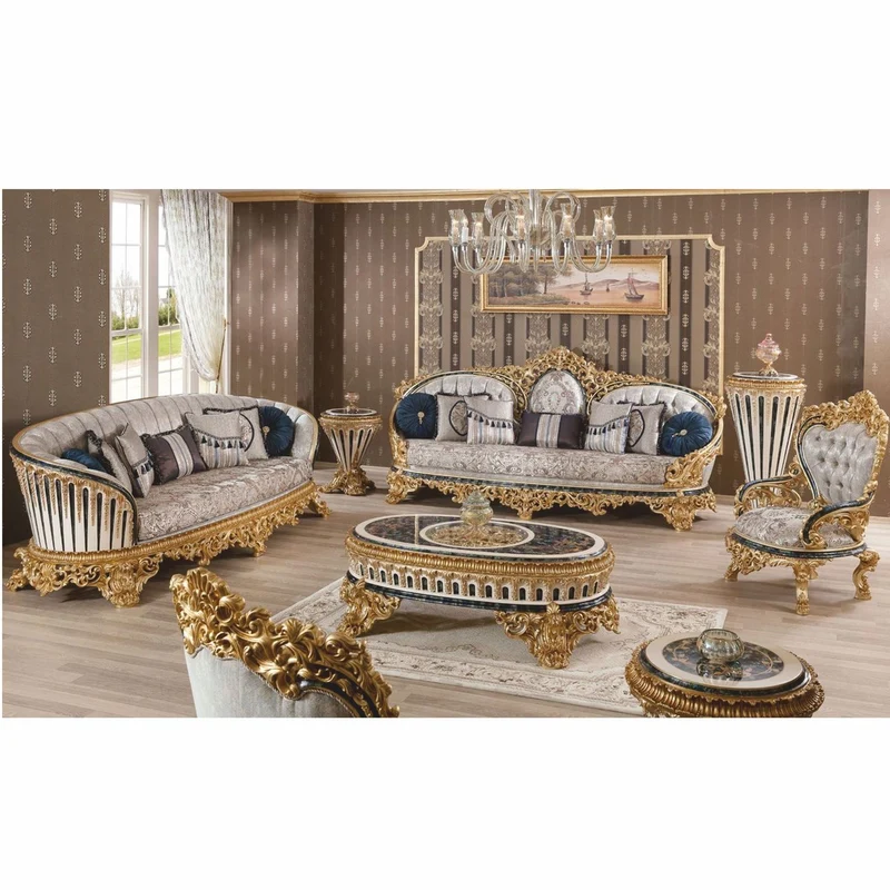 Casa Padrino Luxus Barock Sofa Grau / Gold / Blau 290 cm - Prunkvolles Barock Wohnzimmer Sofa - Barock Wohnzimmer Möbel