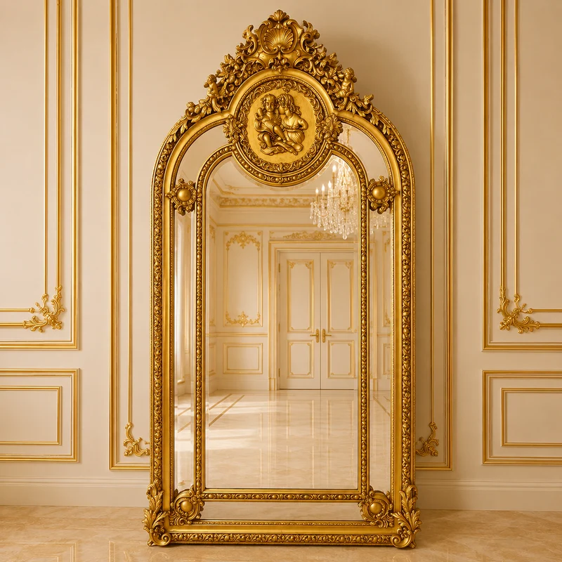 Casa Padrino Barock Standspiegel Gold 115 x H. 215 cm - mit Putto Medaillon und Blüten Bekrönung - Handgefertigter Antik Stil Ganzkörperspiegel - Garderoben Spiegel - Schlafzimmer Spiegel - Barock Möbel