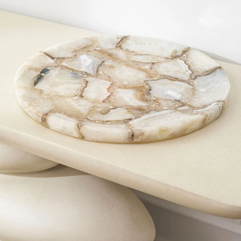Casa Padrino Luxus Achat Stein Serviertablett Weiß / Beige Ø 41 cm - Luxus Accessoires