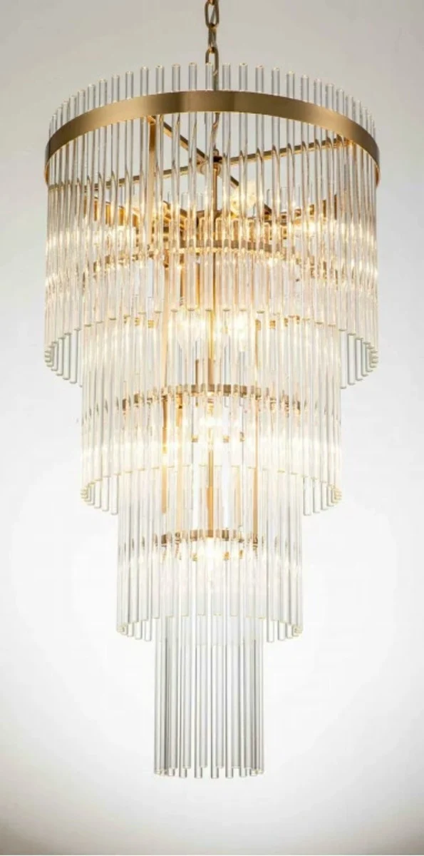 Casa Padrino Luxus Hängeleuchte Gold Ø 55 x H. 80 cm - Vierstufige Pendelleuchte mit Glasstäben