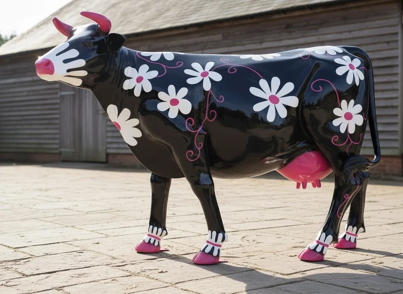 Casa Padrino Luxus Deko Skulptur Kuh Schwarz Weiss Blumen H. 155 cm - Riesige Gartenskulptur - Lebensgroße Skulptur - XXL Deko Skulptur - XXL Deko Figur