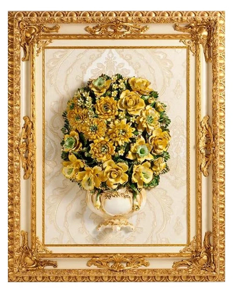 Casa Padrino Luxus Barock Keramik Gemälde mit Massivholzrahmen Creme / Beige / Gold / Grün / Gelb H. 106 cm - Barock Wanddeko - Made in Italy