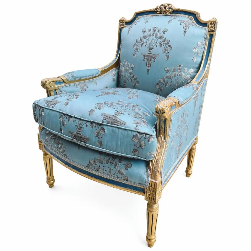 Casa Padrino Barock Lounge Thron Sessel Empire Hellblau Muster / Blau / Gold - Wohnzimmer Möbel im Barockstil - Barock Möbel - Barock Interior