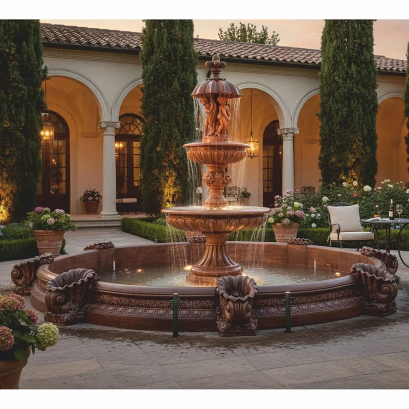 Casa Padrino Barock Springbrunnen mit Brunnenumrandung Braun Ø 545 x H. 290 cm - Nostalgischer Gartenbrunnen - Hotel Brunnen - Garten Deko