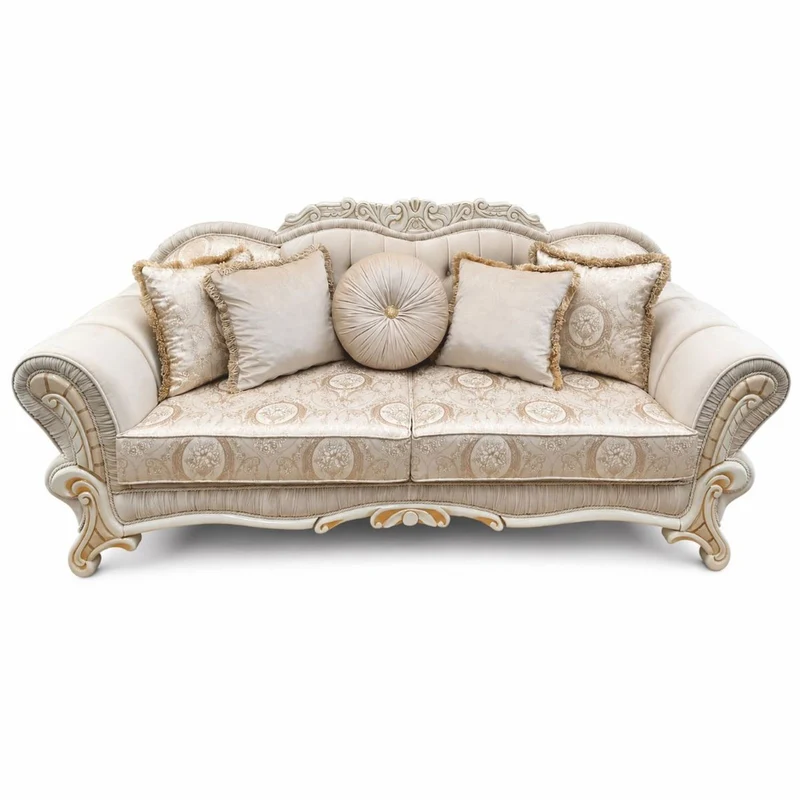 Casa Padrino Luxus Barock Sofa Grau / Weiß / Beige 214 cm - Prunkvolles Wohnzimmer Sofa - Barockstil Möbel