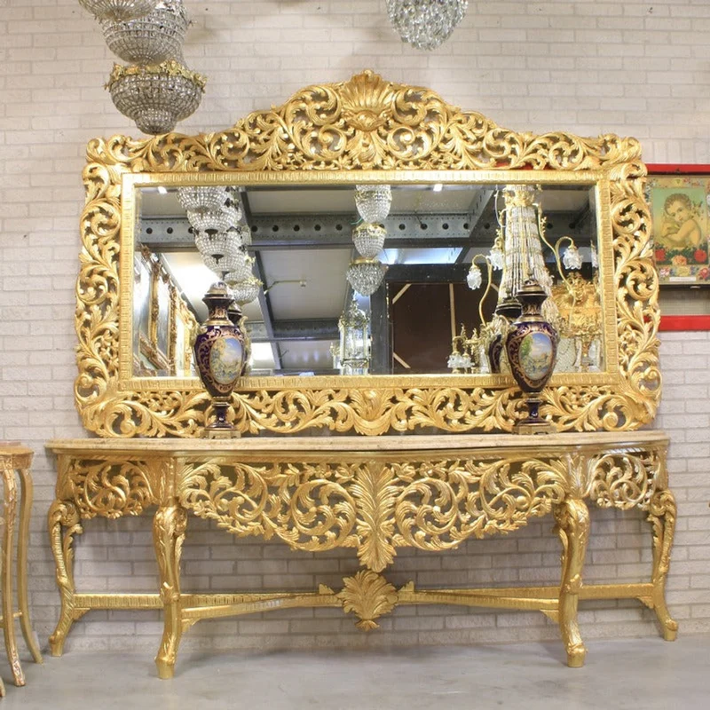 Casa Padrino Luxus Barock Spiegelkonsole Gold - mit Akanthus Schnitzerei - Prunkvoller Konsolentisch mit Wandspiegel - Antik Stil Flur Möbel - Barock Möbel