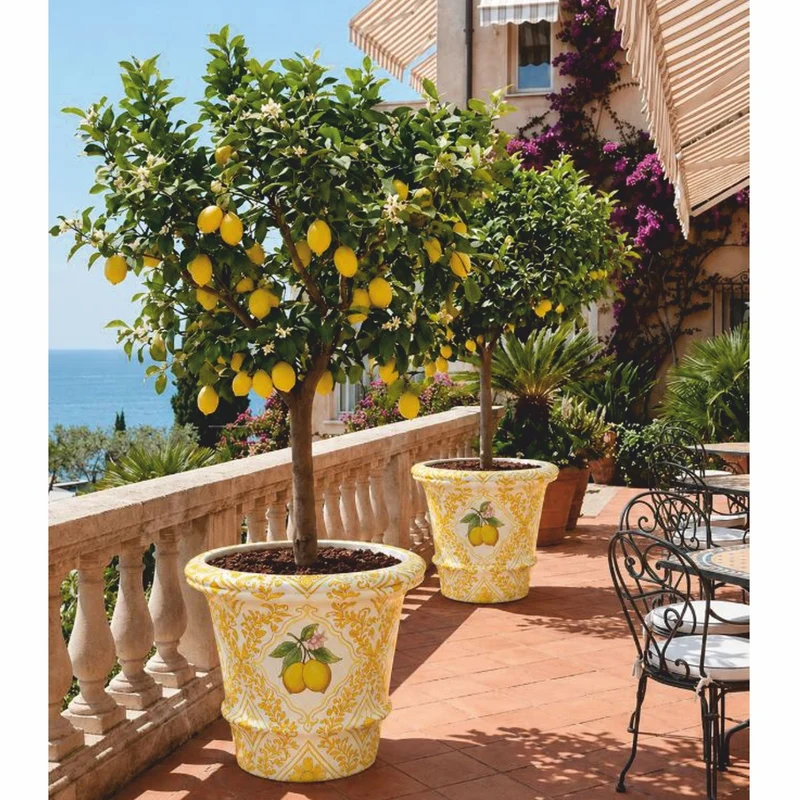 Casa Padrino Luxus Blumentopf Gelb / Weiß / Bunt Ø 80 x H. 63 cm - Runder Keramik Pflanzentopf - Hotel & Garten Deko