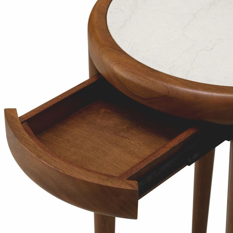 Casa Padrino Luxus Mahagoni Beistelltisch mit Marmorplatte und Schublade Braun / Beige H. 70 cm