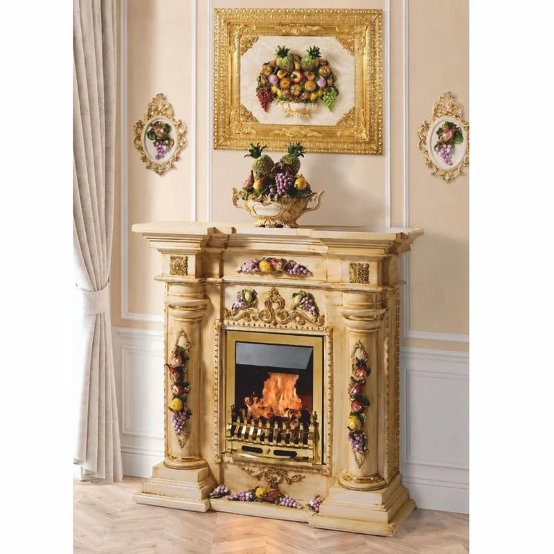 Casa Padrino Luxus Barock LED Keramik Elektrokamin Beige / Bunt / Gold 135 cm - Barock Möbel - Made in Italy
