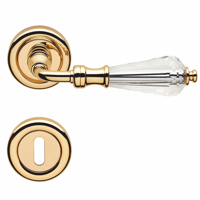 Casa Padrino Luxus Barock Türklinken Set mit Kristallglas Gold 13,7 cm - Türgriffe mit Rosetten - Barock Accessoires - Made in Italy