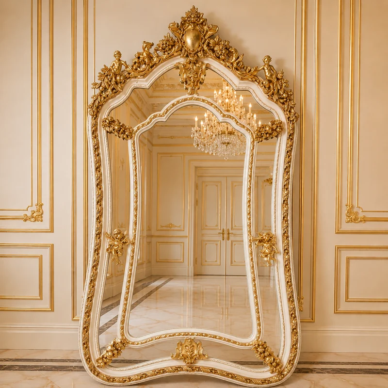 Casa Padrino Barock Standspiegel Creme / Gold 100 x H. 200 cm - mit Engelsfiguren - Handgefertigter Antik Stil Ganzkörperspiegel - Garderoben Spiegel - Schlafzimmer Spiegel - Barock Möbel