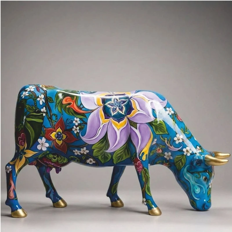 Casa Padrino XXL Deko Skulptur Kuh Blau / Bunt 220 cm - XXL Garten Figur - Lebensgroße Tierfigur - Garten & Terrassen Deko