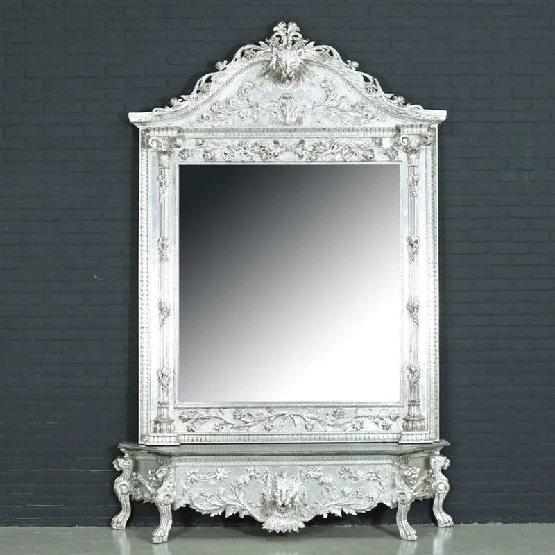 Casa Padrino Luxus Barock Spiegelkonsole Silber 170 x H. 260 cm - mit Löwenkopf - Prunkvoller Konsolentisch mit Wandspiegel - Antik Stil Flur Möbel - Barock Möbel