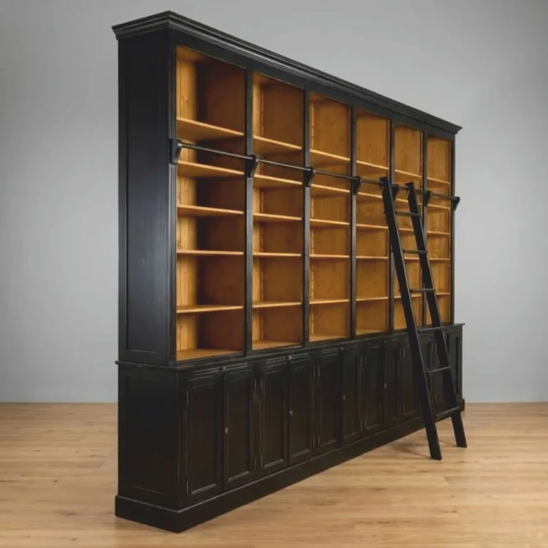 Casa Padrino Landhausstil Bücherschrank mit Leiter Antik Schwarz / Naturfarben 500 cm