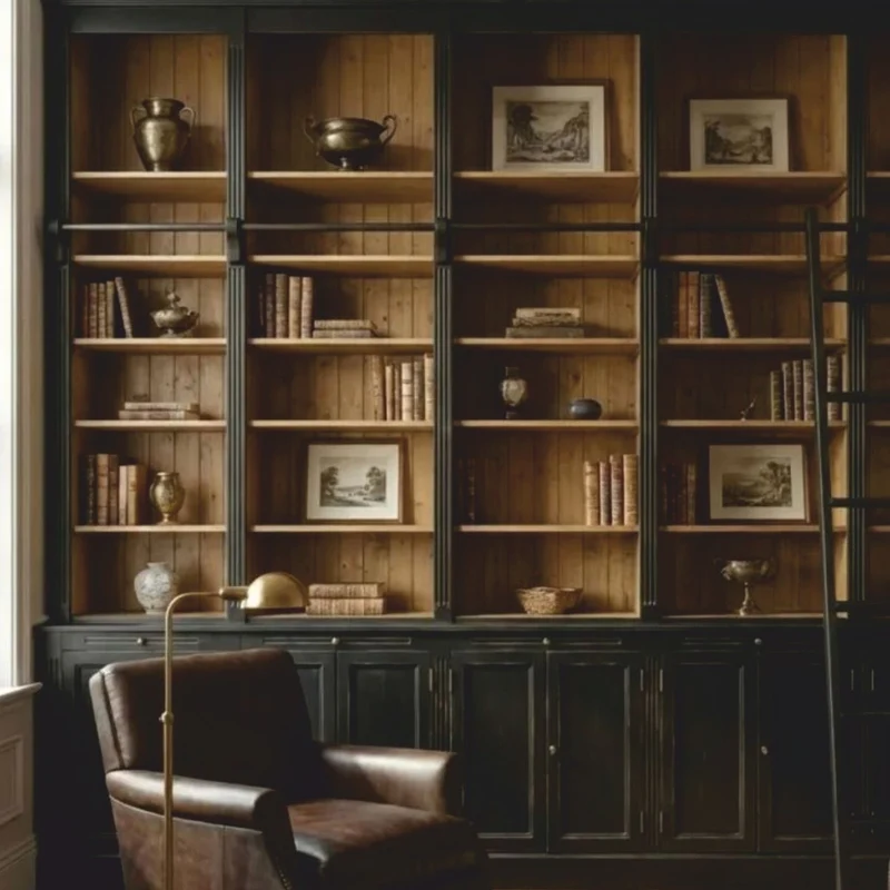 Casa Padrino Landhausstil Bücherschrank mit Leiter Antik Schwarz / Naturfarben 500 cm