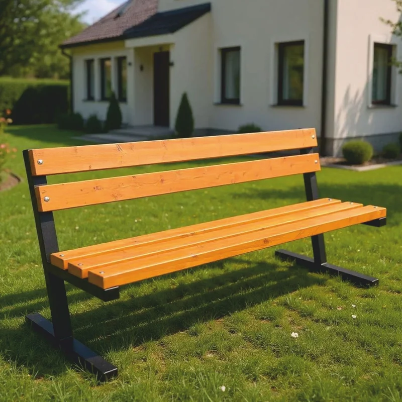 Casa Padrino Parkbank mit Rückenlehne Naturfarben / Schwarz 200 cm - Stadtbank - Gartenbank - Outdoor Sitzbank