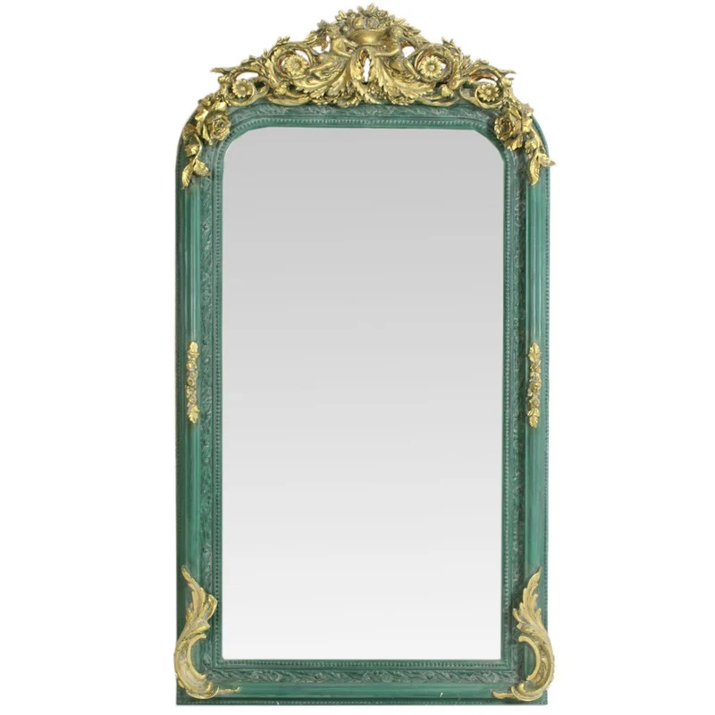 Casa Padrino Barock Spiegel Gold / Grün 85 x H. 160 cm - mit Blumenkorb Bekrönung - Prunkvoller Wandspiegel im Barockstil - Antik Stil Garderoben Spiegel - Wohnzimmer Spiegel - Barock Möbel
