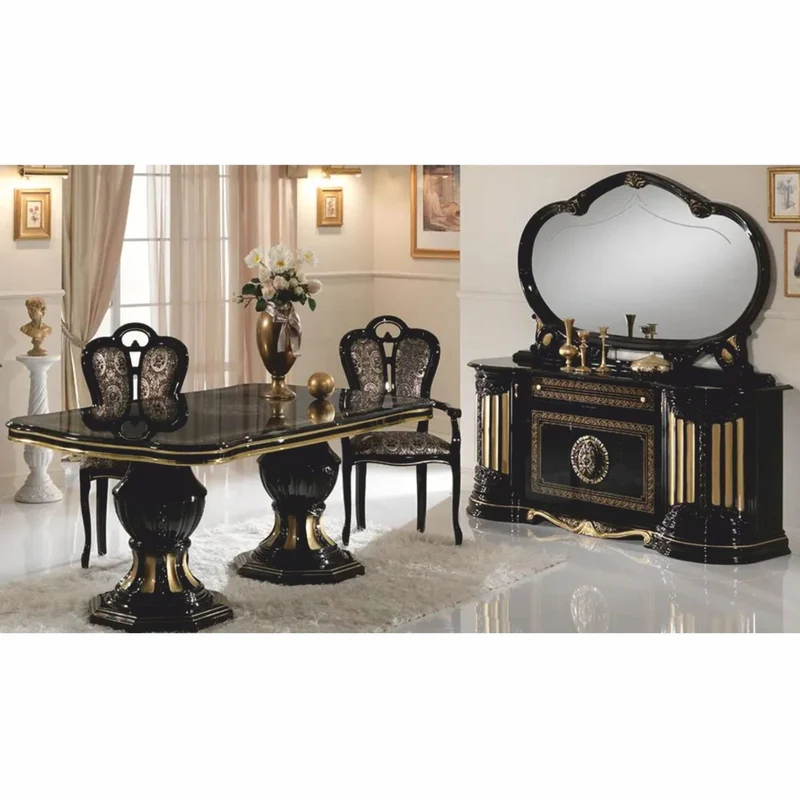 Casa Padrino Luxus Barock Esszimmer Set Schwarz / Gold - 1 Esstisch & 6 Stühle - Made in Italy