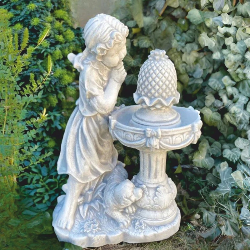 Casa Padrino Jugendstil Springbrunnen Mädchen mit Hund Grau H. 68 cm