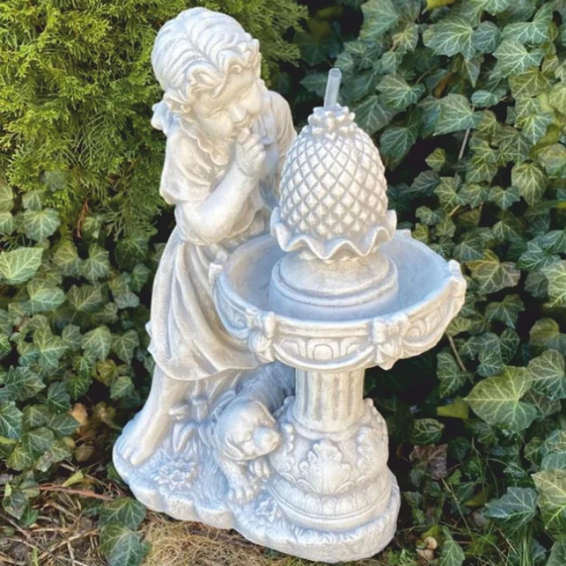 Casa Padrino Jugendstil Springbrunnen Mädchen mit Hund Grau H. 68 cm