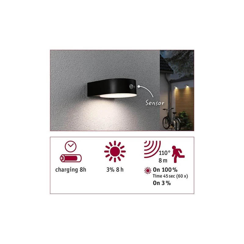 Solar LED Außenwandleuchte Eileen Sensor Schwarz