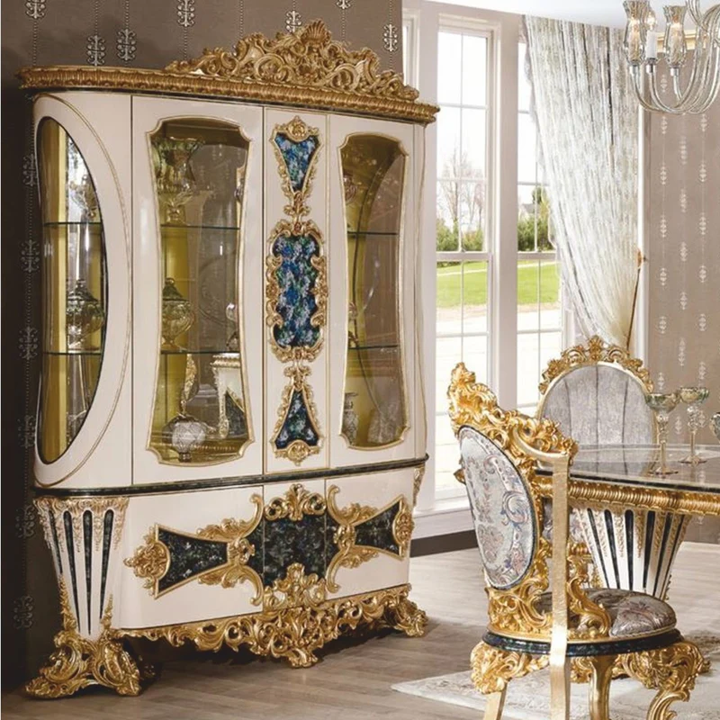 Casa Padrino Luxus Barock Vitrine Weiß / Blau / Gold 180 x H. 245 cm - Prunkvoller Massivholz Vitrinenschrank - Barock Möbel
