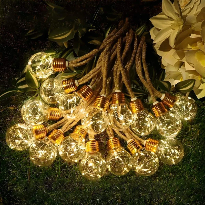 Solarlampen Buitenverlichting met Henneptouw 20 LED Warm Wit Waterdicht Decoratief voor Terras Tuin Balkon | Sansoti