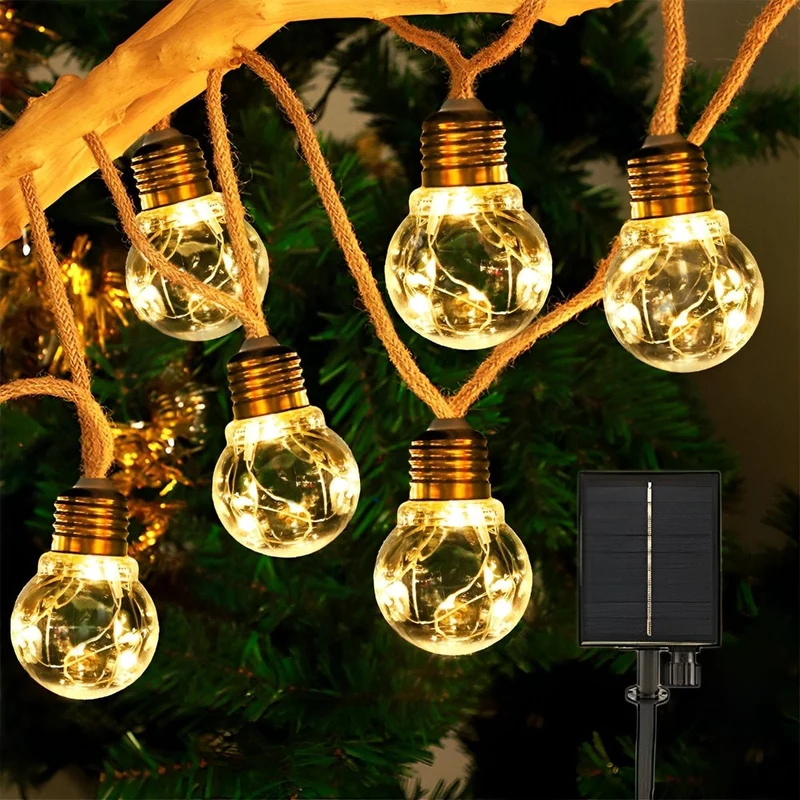 Solarlampen Buitenverlichting met Henneptouw 20 LED Warm Wit Waterdicht Decoratief voor Terras Tuin Balkon | Sansoti