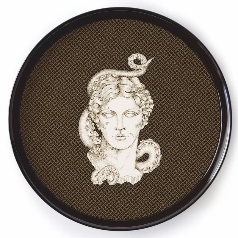 Casa Padrino Luxus Serviertablett Schwarz / Gold / Weiß / Braun Ø 40 cm - Rundes Metall Tablett - Gastronomie Accessoires - Handbemalt in Italien