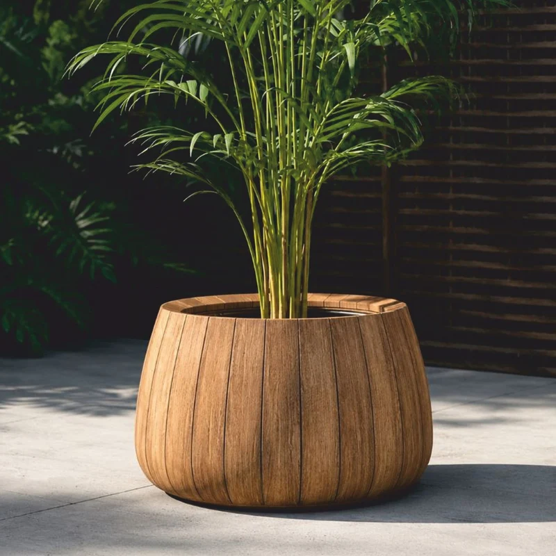 Casa Padrino Luxus Teakholz Blumentopf Naturfarben Ø 70 cm - Runder Pflanzentopf - Garten Deko Accessoires - Terrassen Deko