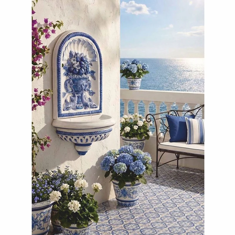 Casa Padrino Luxus Jugendstil Wandbrunnen Weiß / Blau H. 130 cm - Garten Deko