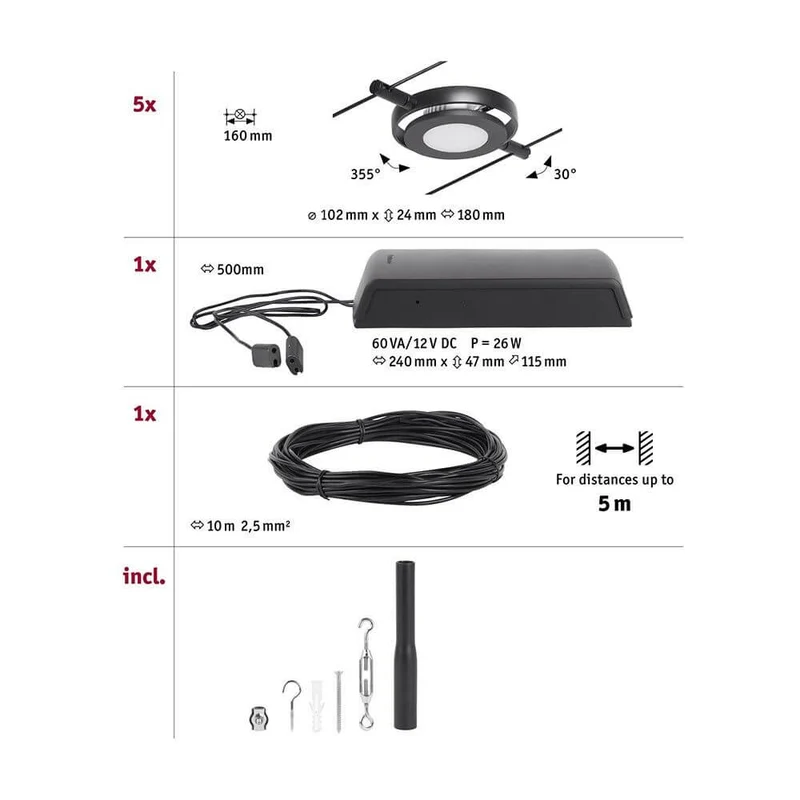 CorDuo LED Seilsystem Round Mac Basis-Set Schwarz, Chrom