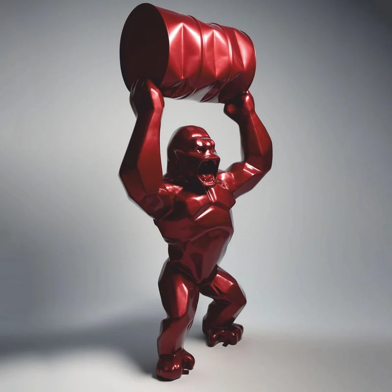 Casa Padrino XXL Garten Deko Skulptur Gorilla mit Fass Metallic Rot H. 250 cm - Große Garten Figur - XXL Tierfigur