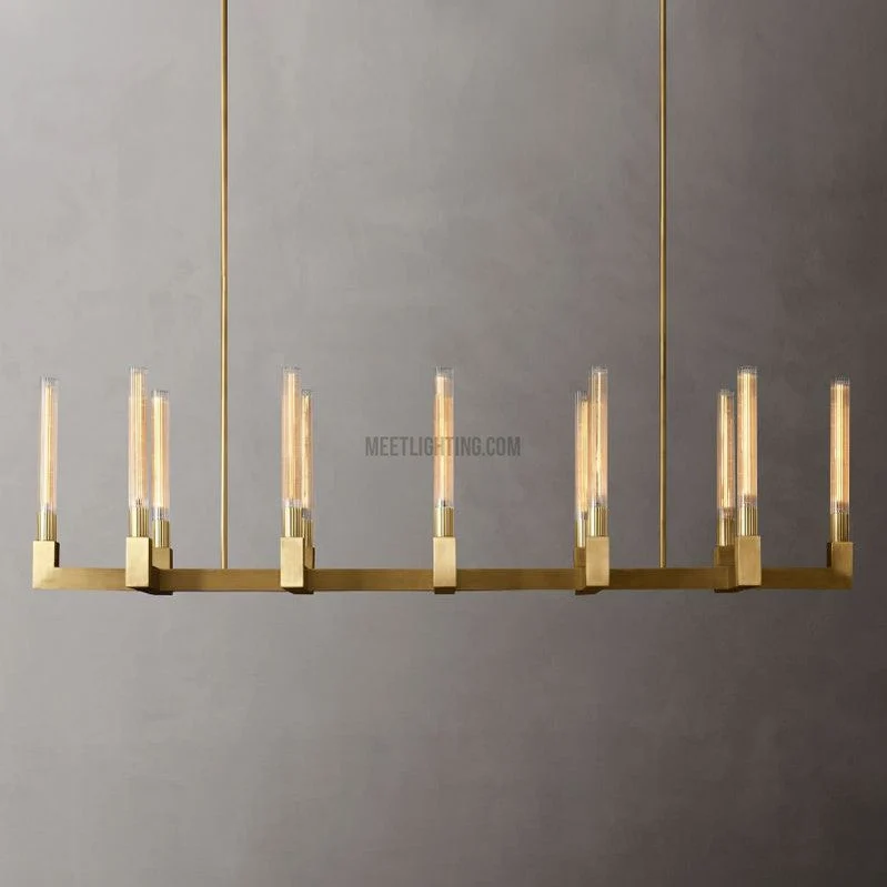 Lineaire Kroonluchter Messing 170cm met Geribbeld Glas 12 Lichtpunten voor Eetkamer Restaurant Keuken | Sansoti