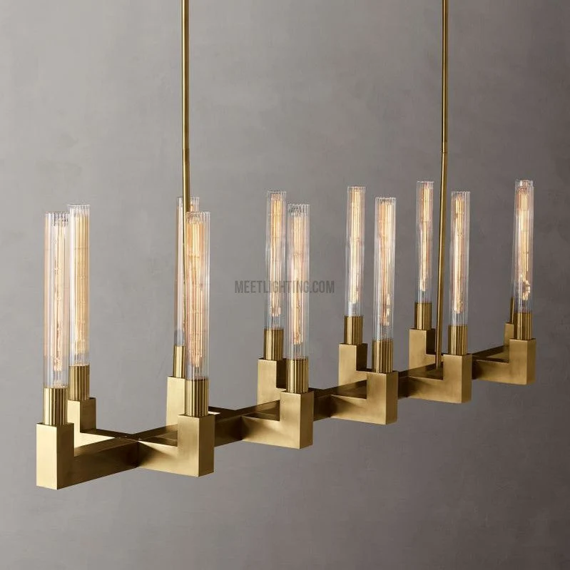 Lineaire Kroonluchter Messing 170cm met Geribbeld Glas 12 Lichtpunten voor Eetkamer Restaurant Keuken | Sansoti