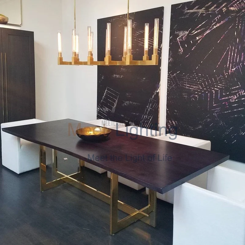 Lineaire Kroonluchter Messing 170cm met Geribbeld Glas 12 Lichtpunten voor Eetkamer Restaurant Keuken | Sansoti