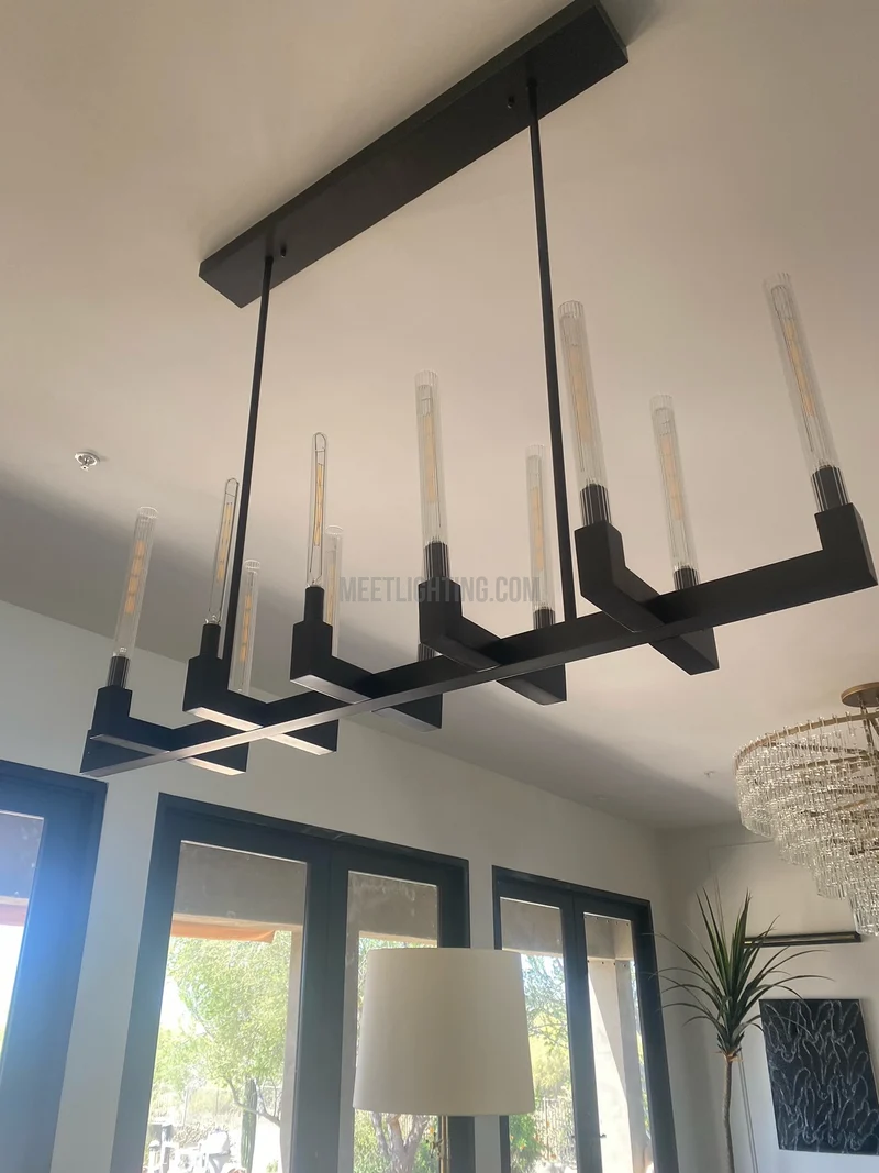Lineaire Kroonluchter Messing 170cm met Geribbeld Glas 12 Lichtpunten voor Eetkamer Restaurant Keuken | Sansoti