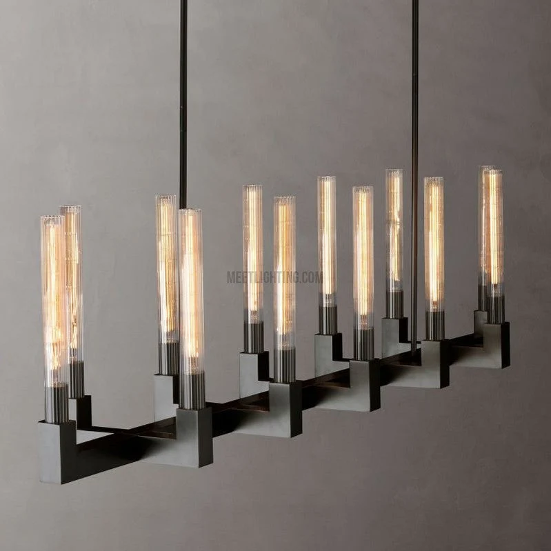 Lineaire Kroonluchter Messing 170cm met Geribbeld Glas 12 Lichtpunten voor Eetkamer Restaurant Keuken | Sansoti