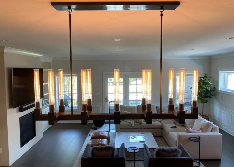 Lineaire Kroonluchter Messing 170cm met Geribbeld Glas 12 Lichtpunten voor Eetkamer Restaurant Keuken | Sansoti